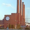 Smokestack of the old heating station at industrial area of international automotive manufacturer Volkswagen Group (VW), Wolfsburg, Lower Saxony, Germany