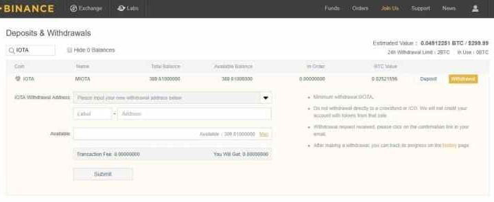 IOTA Wallet Address on Binance