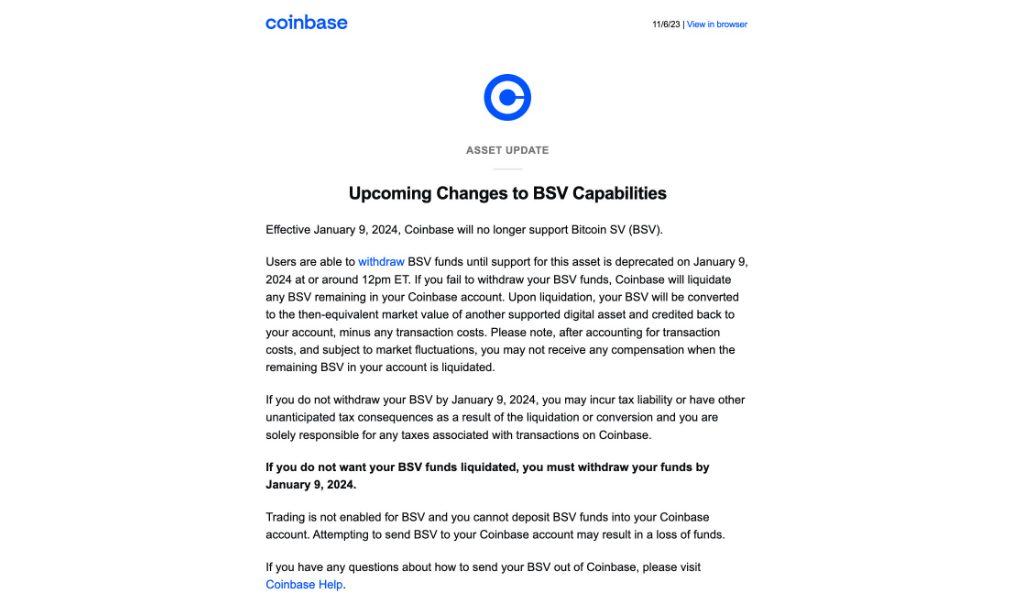 Coinbase Email BSV