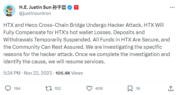 Heco Chain Bridge tweet