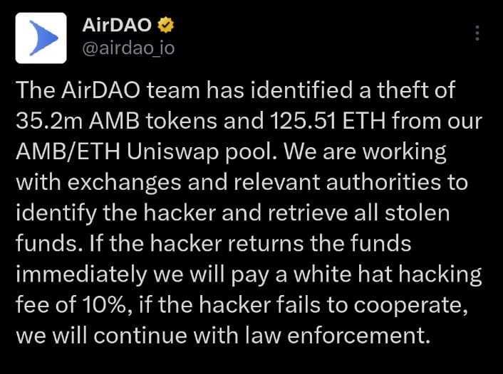 AirDAO Hacked Tweet