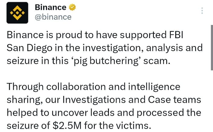 Binance and FBI Recover 2.5M Crypto