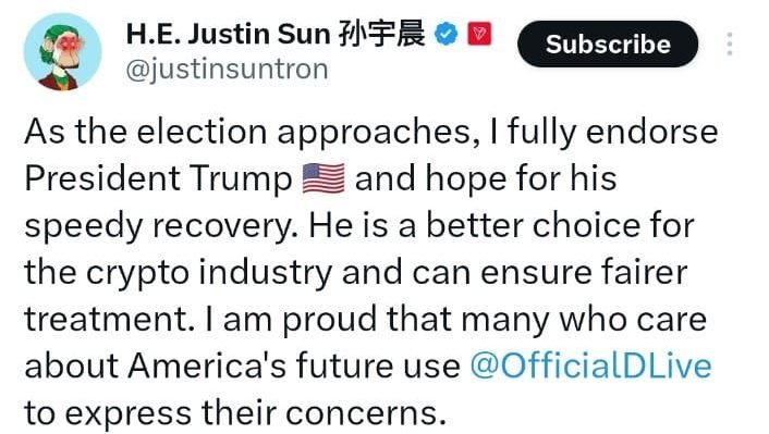 Justin Sun Supports Trump Crypto