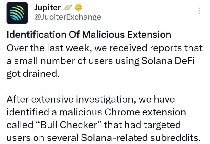 Jupiter Discovers Chrome Extension Targeting Solana Users