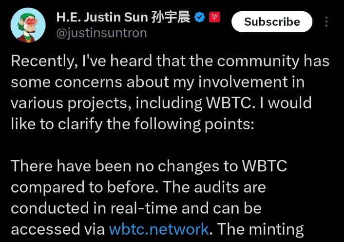 Justin Sun WBTC
