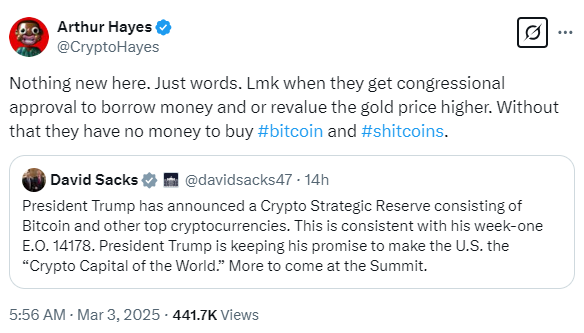 Arthur Hayes Says Crypto Reserve is just words