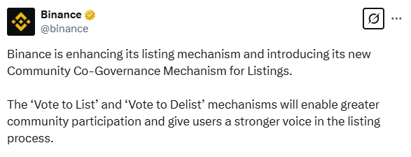 Binance token listing via voting