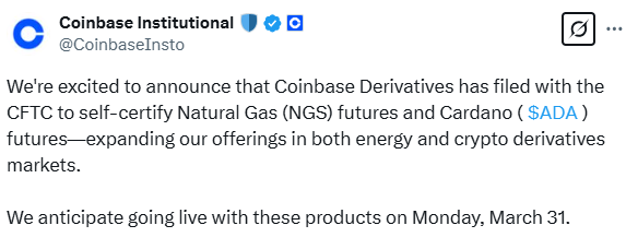 Coinbase Launches ADA and Gas Futures