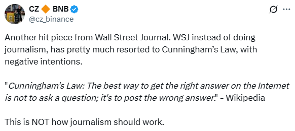 Binance Founder Response to WSJ