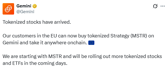 Gemini Launches Tokenized Stocks Trading